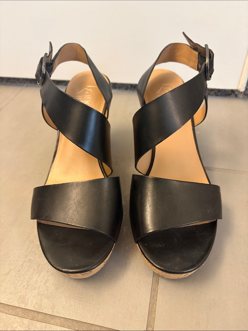 Franco Sarto Black Women's Cork Wedge Sandals - Classic Strappy Design Size 8
